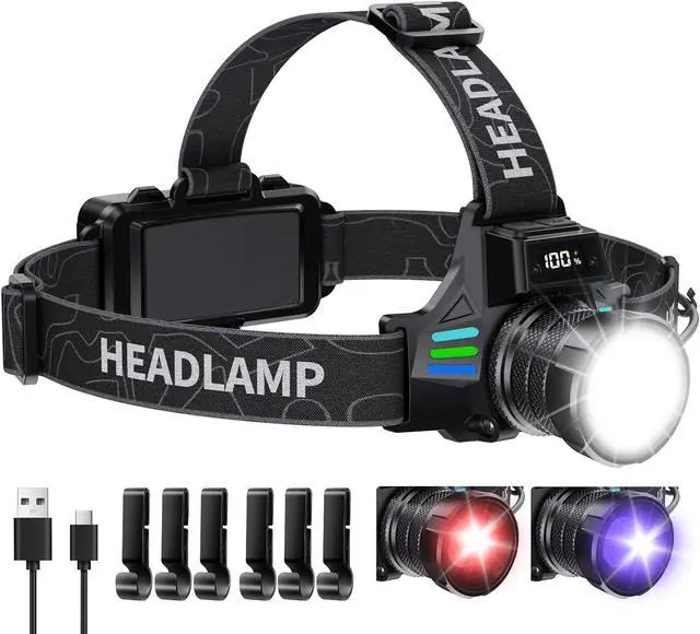 Main image of Headlamp Rechargeable with White/Red/UV/Black Light Headlight,1080 High Lumens Super Bright LED Headlamps Battery Powered,16 Modes Waterproof Head Lamp for Hardhat Hunting Pet Urine Detection