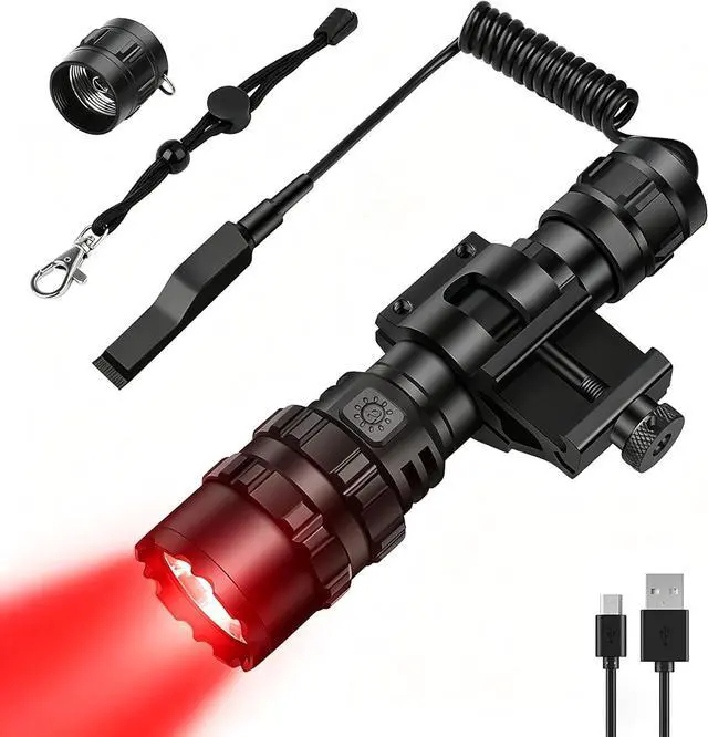 Main image of Red Light Hunting Flashlight 1200 Lumens LED Hog Coyote Varmint Predator Light Tactical Lights Rechargeable 5 Modes with Picatinny Rail Mount, Pressure Switch