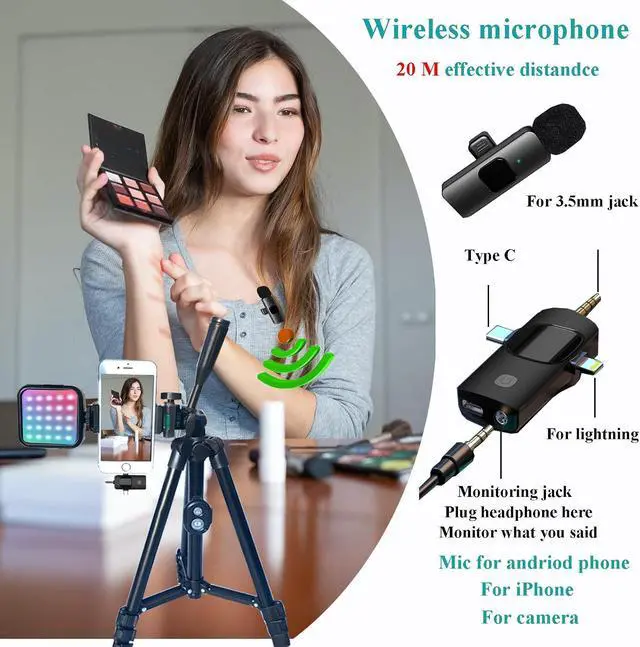 Alt view image 3 of 7 - for iPhone Vlogging Kit, Vlogging Kit for Andriod Phone with Two Tripods RGB Light Lavalier Microphone Remote for YouTube Tiktok Content Creator