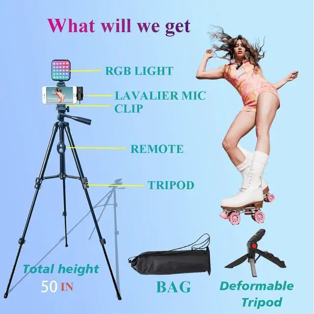 Alt view image 6 of 7 - for iPhone Vlogging Kit, Vlogging Kit for Andriod Phone with Two Tripods RGB Light Lavalier Microphone Remote for YouTube Tiktok Content Creator