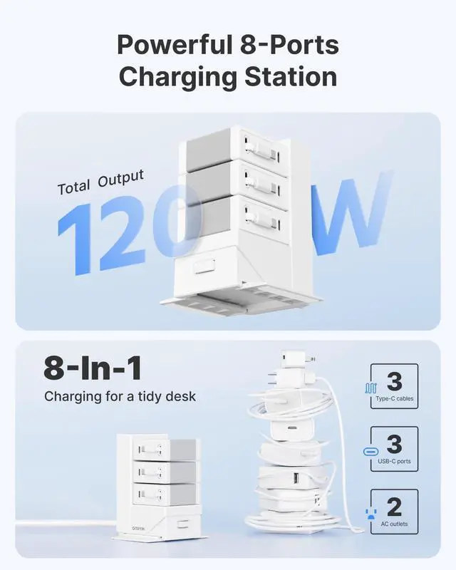 Alt view image 4 of 7 - ModDock 3 Desktop Modular Charging Station for Nightstand, 120W Retractable Phone Charger Station with 3 Type-C Charger Blocks, 8-in-1 USB Charging Hub with 33.5in Cable for Multiple Devices, White