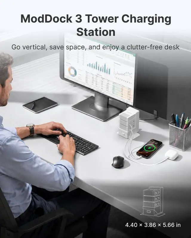 Alt view image 7 of 7 - ModDock 3 Desktop Modular Charging Station for Nightstand, 120W Retractable Phone Charger Station with 3 Type-C Charger Blocks, 8-in-1 USB Charging Hub with 33.5in Cable for Multiple Devices, White