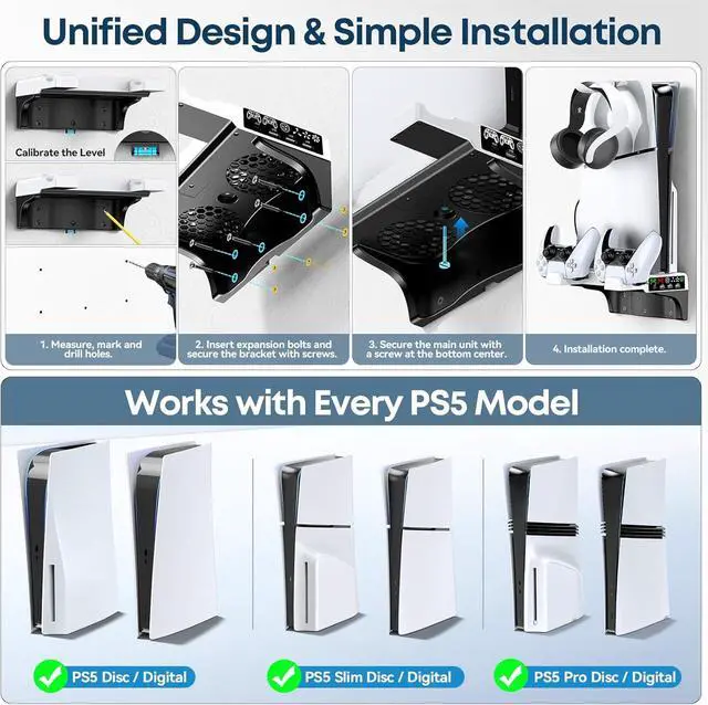 Alt view image 2 of 7 - PS5/Slim/Pro Wall Mount Kit with Cooling Fan & Charging Station, PS5 Shelf Floating Mount for All PlayStation 5/Slim/Pro Disc & Digital Console, PS 5 Wall Bracket Behind TV, PS Five Pro Accessories