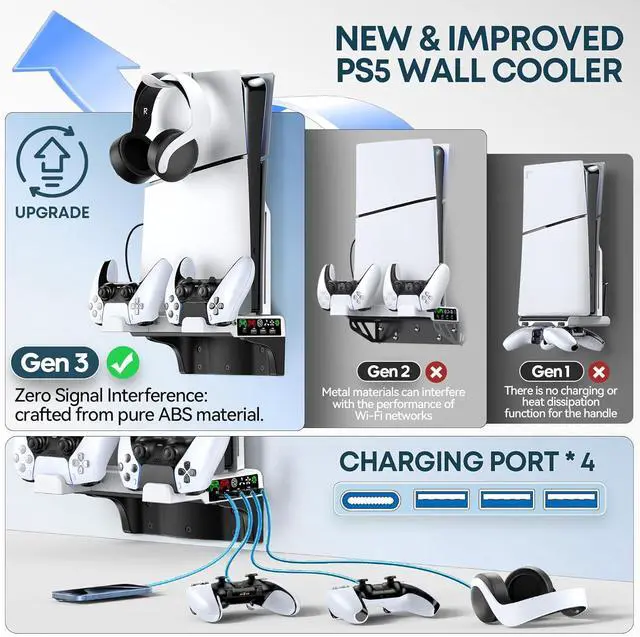 Alt view image 5 of 7 - PS5/Slim/Pro Wall Mount Kit with Cooling Fan & Charging Station, PS5 Shelf Floating Mount for All PlayStation 5/Slim/Pro Disc & Digital Console, PS 5 Wall Bracket Behind TV, PS Five Pro Accessories