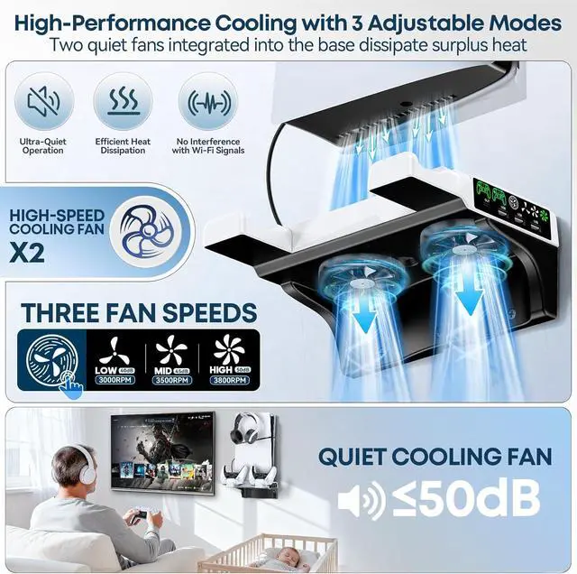 Alt view image 3 of 7 - PS5/Slim/Pro Wall Mount Kit with Cooling Fan & Charging Station, PS5 Shelf Floating Mount for All PlayStation 5/Slim/Pro Disc & Digital Console, PS 5 Wall Bracket Behind TV, PS Five Pro Accessories
