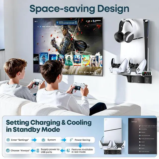 Alt view image 6 of 7 - PS5/Slim/Pro Wall Mount Kit with Cooling Fan & Charging Station, PS5 Shelf Floating Mount for All PlayStation 5/Slim/Pro Disc & Digital Console, PS 5 Wall Bracket Behind TV, PS Five Pro Accessories