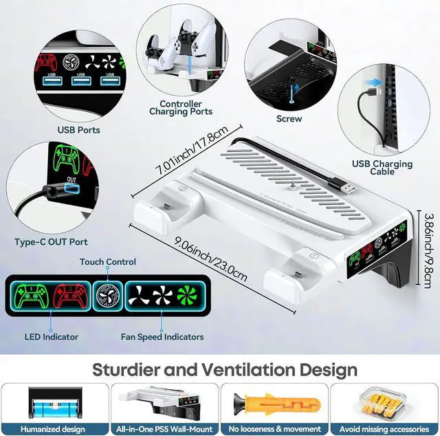 Alt view image 7 of 7 - PS5/Slim/Pro Wall Mount Kit with Cooling Fan & Charging Station, PS5 Shelf Floating Mount for All PlayStation 5/Slim/Pro Disc & Digital Console, PS 5 Wall Bracket Behind TV, PS Five Pro Accessories