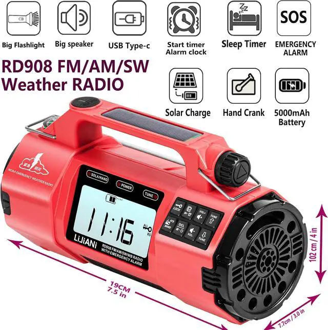 Alt view image 2 of 6 - Hand Crank Emergency FM/AM/SW Weather Radio NOAA Alert, USB-C Solar Power, Bright Flashlight with Cell Phone Charger, Timer Clock for Home & Outdoor Hurricane Storm Survival kit