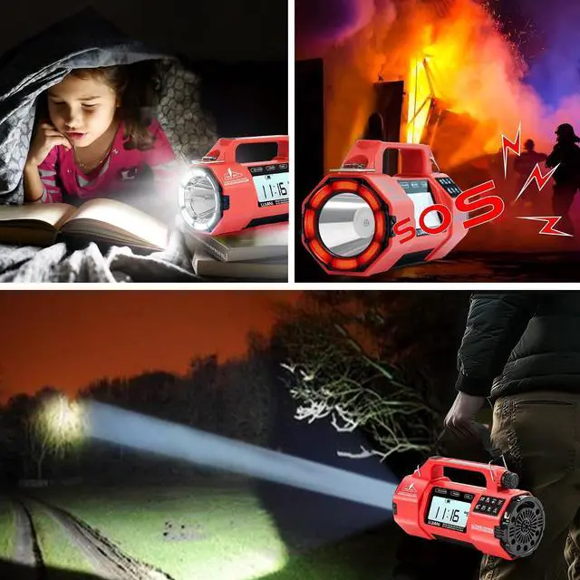 Alt view image 3 of 6 - Hand Crank Emergency FM/AM/SW Weather Radio NOAA Alert, USB-C Solar Power, Bright Flashlight with Cell Phone Charger, Timer Clock for Home & Outdoor Hurricane Storm Survival kit
