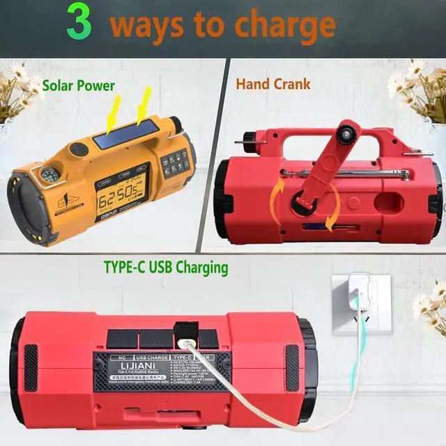 Alt view image 4 of 6 - Hand Crank Emergency FM/AM/SW Weather Radio NOAA Alert, USB-C Solar Power, Bright Flashlight with Cell Phone Charger, Timer Clock for Home & Outdoor Hurricane Storm Survival kit