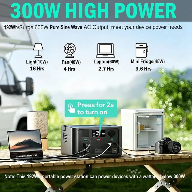 Alt view image 2 of 7 - Portable Power Station 300W, 600W Peak Solar Generator 192Wh