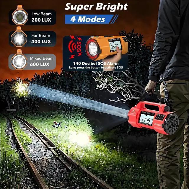 Alt view image 6 of 6 - Hand Crank Emergency FM/AM/SW Weather Radio NOAA Alert, USB-C Solar Power, Bright Flashlight with Cell Phone Charger, Timer Clock for Home & Outdoor Hurricane Storm Survival kit