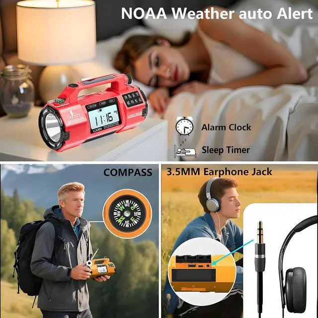Alt view image 5 of 6 - Hand Crank Emergency FM/AM/SW Weather Radio NOAA Alert, USB-C Solar Power, Bright Flashlight with Cell Phone Charger, Timer Clock for Home & Outdoor Hurricane Storm Survival kit