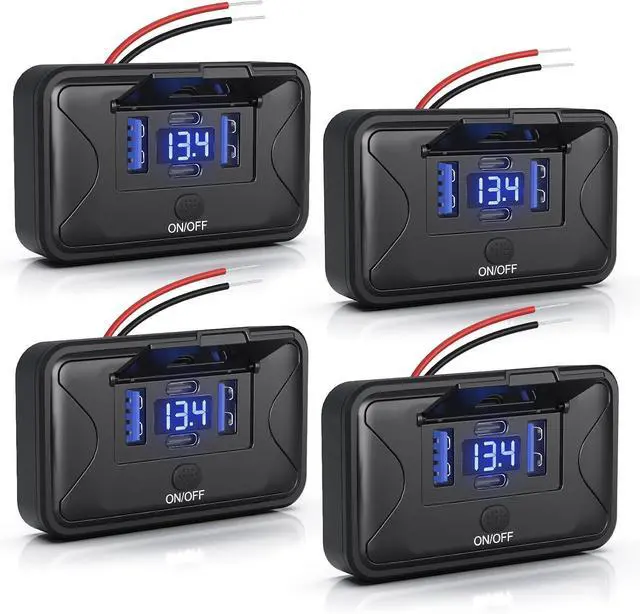 Main image of 4PCS 108W 4 Ports 12V RV USB Switch Outlet Voltmeter, 2*36W PD3.0 Type-C + 2*18W QC3.0 Quick Charge Panel Wall Mount Car Charger Socket Waterproof Multi-Port Adapter for Bus Marine Truck Boat