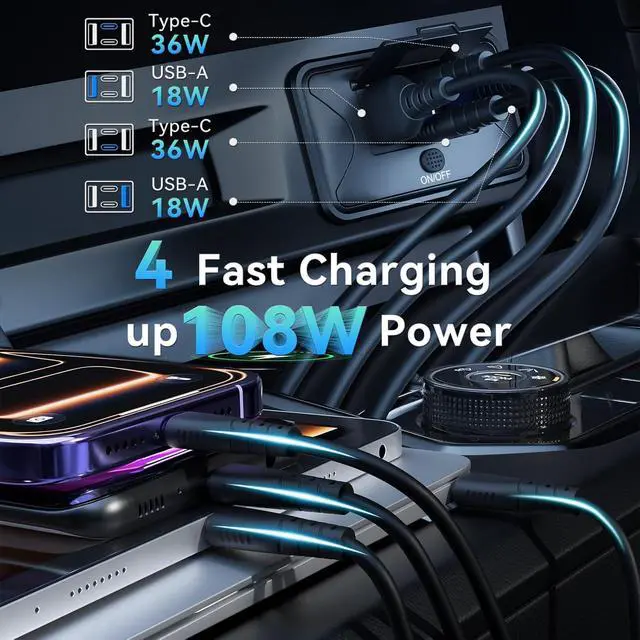 Alt view image 2 of 7 - 4PCS 108W 4 Ports 12V RV USB Switch Outlet Voltmeter, 2*36W PD3.0 Type-C + 2*18W QC3.0 Quick Charge Panel Wall Mount Car Charger Socket Waterproof Multi-Port Adapter for Bus Marine Truck Boat