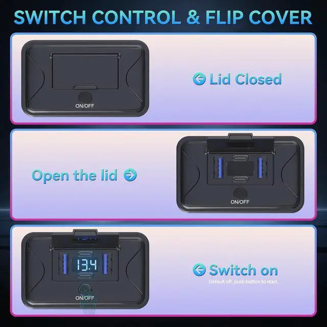 Alt view image 7 of 7 - 4PCS 108W 4 Ports 12V RV USB Switch Outlet Voltmeter, 2*36W PD3.0 Type-C + 2*18W QC3.0 Quick Charge Panel Wall Mount Car Charger Socket Waterproof Multi-Port Adapter for Bus Marine Truck Boat