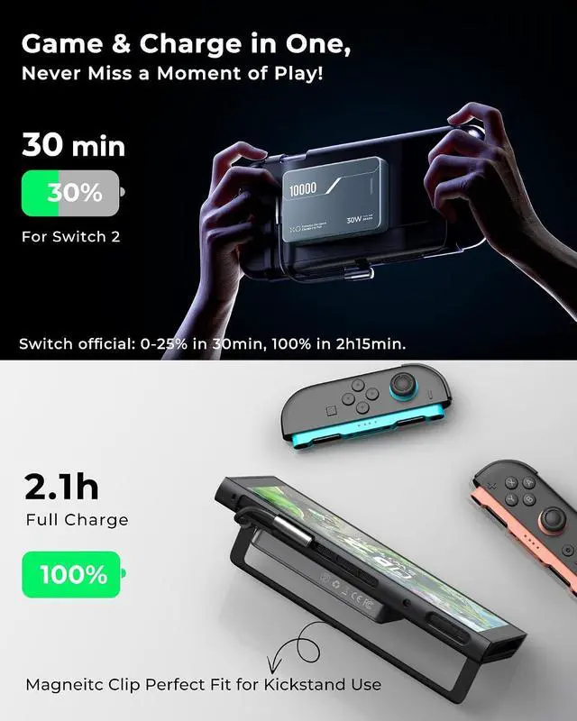 Alt view image 2 of 7 - Magnetic Power Bank 10000mAh for Nintendo Switch 2, +3.5-8H Playtime