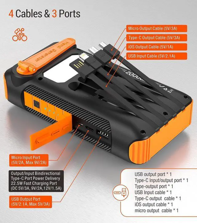 Alt view image 5 of 7 - Solar Power Bank 20000mAh Built in Hand Crank and 4 Cables 22.5W Fast Charge Power Bank 5 Outputs & 5 Inputs Solar Portable Charger, SOS/Strobe/Strong Flashlights, Carabiner (Orange)