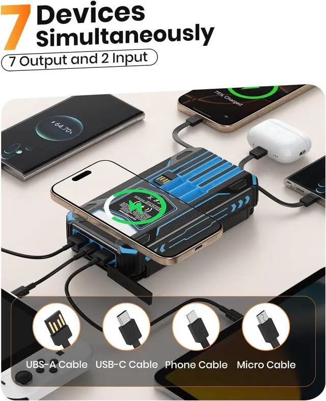 Alt view image 2 of 7 - Solar Power Bank 48000mAh Wireless Battery Pack with 4 Cables