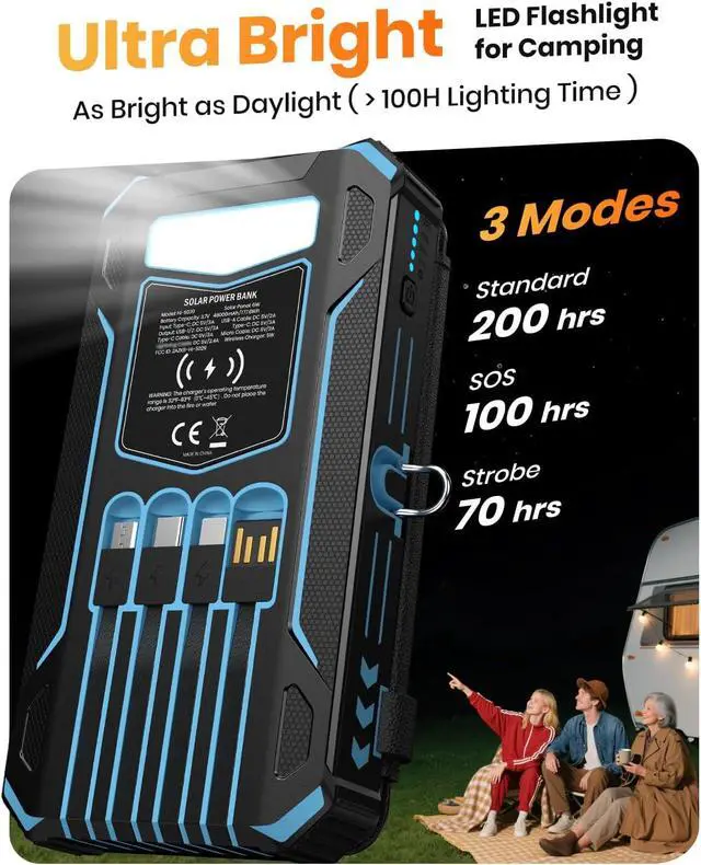 Alt view image 7 of 7 - Solar Power Bank 48000mAh Wireless Battery Pack with 4 Cables