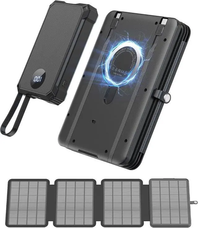 Main image of Solar Power Bank 10000mAh with 4 Panel Foldable Solar Charger,Portable Charger with 3 Built-in Cables, 15W Wireless Charging, USB-C in/Outputs, Emergency Flashlight for Outdoor Camping Hiking
