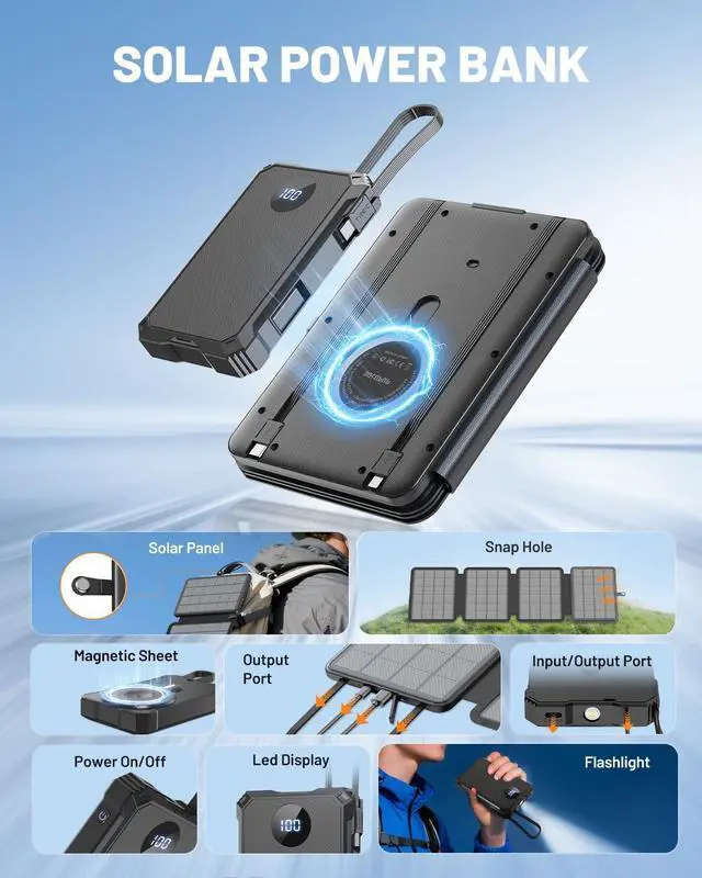 Alt view image 2 of 7 - Solar Power Bank 10000mAh with 4 Panel Foldable Solar Charger,Portable Charger with 3 Built-in Cables, 15W Wireless Charging, USB-C in/Outputs, Emergency Flashlight for Outdoor Camping Hiking