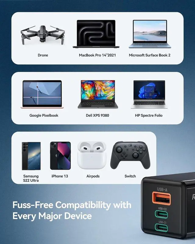 Alt view image 7 of 7 - 65W USB C Charger with Cable, 3-Port GaN Fast Charger