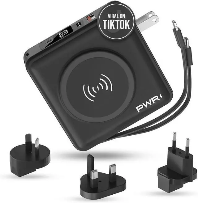 Main image of PWR Travel PRO 5-in-1 Power Bank 10,000mAh with Built-in Cables 20W USB-C + 15W Wireless Charging Compact Portable Charger for iPhone & Android- Black