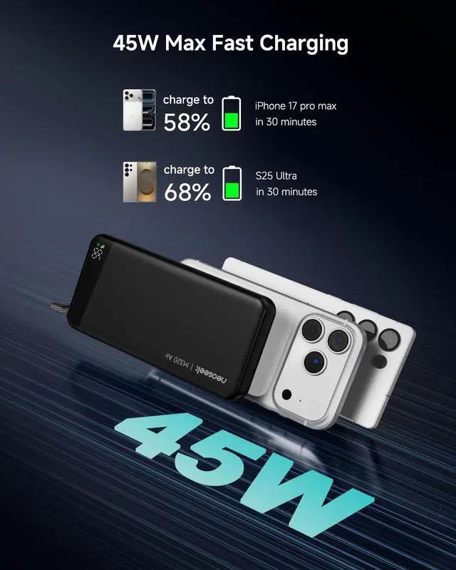 Alt view image 3 of 7 - Ultra-Thin 20,000mAh Power Bank, 45W Max Fast Charging Battery Pack, Built-in USB-C Cable for iPhone 17/16 Series, Galaxy, MacBook, and More