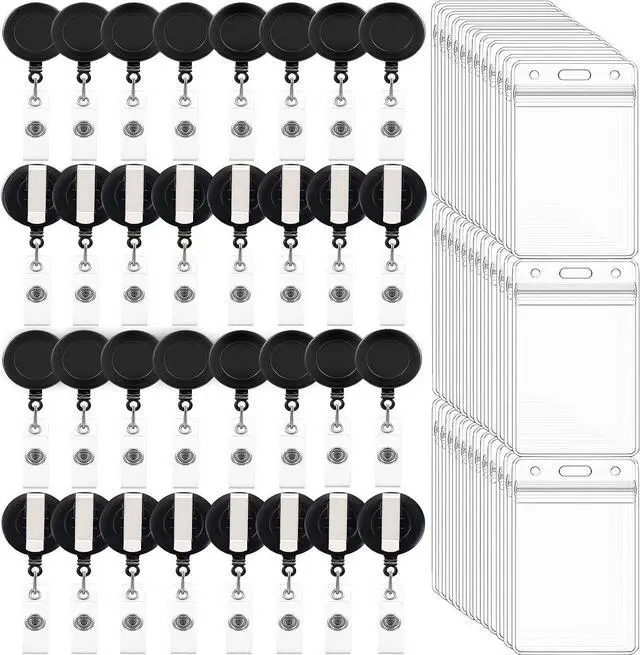 Main image of 100 Pack Retractable Badge Reel Clips with 100 Pack Vertical ID Card Holders Retractable Badge Holders with Clip ID Badge Clips with Name Card Holder for Nurses Office School,Black