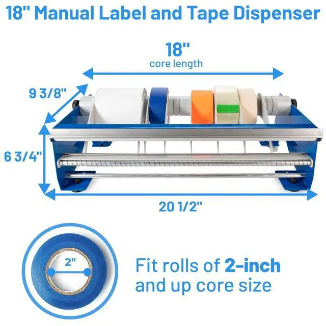 Alt view image 2 of 7 - 18" Manual Label and Tape Dispenser, 2" and Up Core Size, Adjustable Roll Width - Tabletop & Wall-Mounted Multi Roll Holder - Industrial Grade Steel Construction