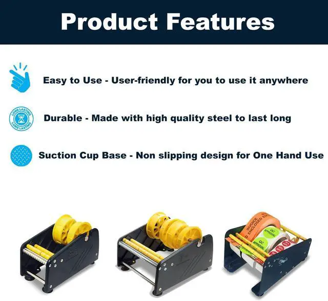 Alt view image 2 of 7 - MDJ by Excell Manual Label Sticker Dispenser with 4 Suction Cups Base for Tabletop, Adjustable Holder for Multiple Rolls for Office, Home, School, Warehouse, Easy Peel Off, Fits up to 3" Wide Labels