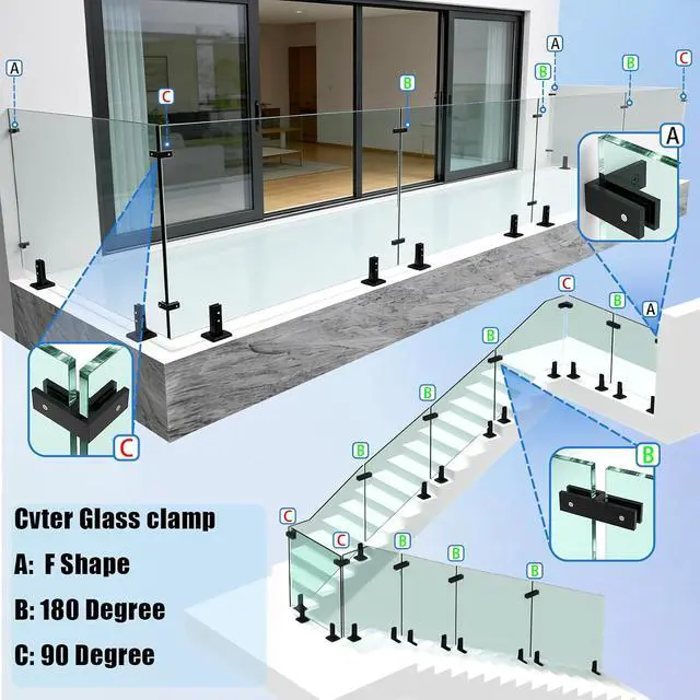 Alt view image 6 of 6 - Glass Railing Clamp, 180°, 8 Pack, 304 Stainless Steel Glass Railing System for 3/8"-1/2"(8mm-13mm) Thinkness Heavy Duty Balusters Clamps/Deck/Stairs/Pool/Balcony/Patio