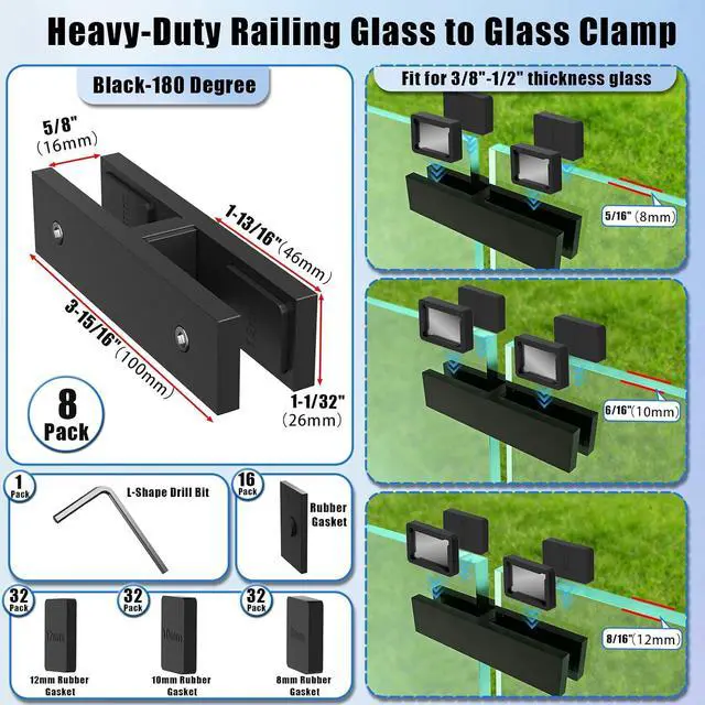 Alt view image 2 of 6 - Glass Railing Clamp, 180°, 8 Pack, 304 Stainless Steel Glass Railing System for 3/8"-1/2"(8mm-13mm) Thinkness Heavy Duty Balusters Clamps/Deck/Stairs/Pool/Balcony/Patio