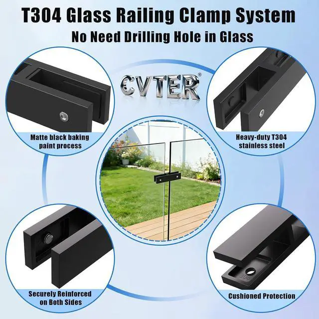 Alt view image 3 of 6 - Glass Railing Clamp, 180°, 8 Pack, 304 Stainless Steel Glass Railing System for 3/8"-1/2"(8mm-13mm) Thinkness Heavy Duty Balusters Clamps/Deck/Stairs/Pool/Balcony/Patio