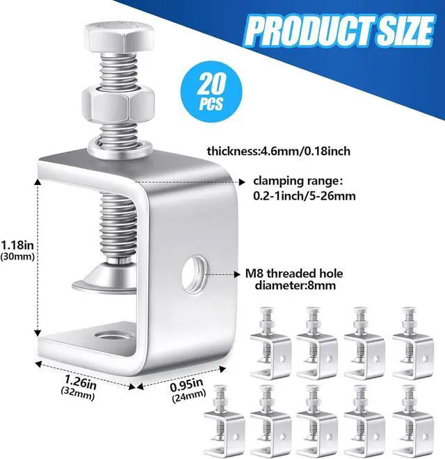 Alt view image 2 of 7 - 20 Pcs Stainless Steel C Clamps Heavy Duty 1 3/16 Inch Mini Clamp with Stable Wide Jaw Opening Small Screw Clamps for Metal Working Mounting Woodworking