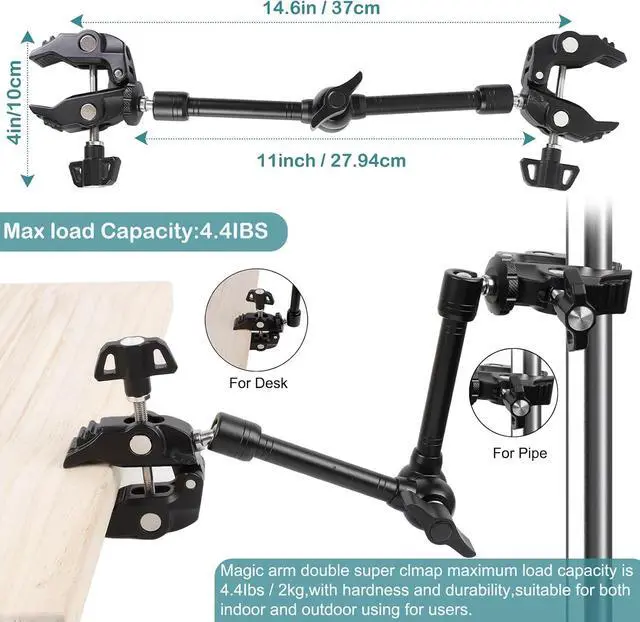 Alt view image 3 of 7 - Magic Arm Clamp Kit, Camera Mount Articulating Friction Arm w 2 Pcs Super Clamp, w 1/4"-20 Screw and Thread Hole, for Camera, Light, Monitor, Webcam or Action Camera 2kg, for Table, Tube