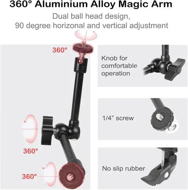 Alt view image 4 of 7 - Magic Arm Clamp Kit, Camera Mount Articulating Friction Arm w 2 Pcs Super Clamp, w 1/4"-20 Screw and Thread Hole, for Camera, Light, Monitor, Webcam or Action Camera 2kg, for Table, Tube