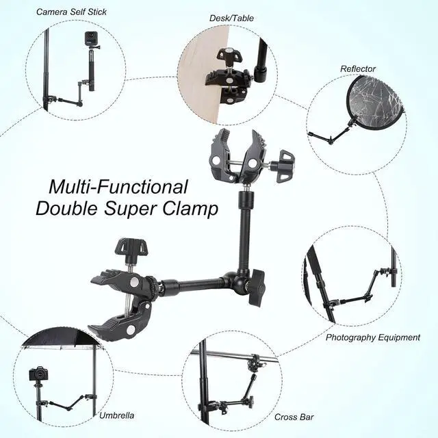 Alt view image 5 of 7 - Magic Arm Clamp Kit, Camera Mount Articulating Friction Arm w 2 Pcs Super Clamp, w 1/4"-20 Screw and Thread Hole, for Camera, Light, Monitor, Webcam or Action Camera 2kg, for Table, Tube