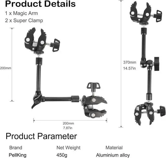 Alt view image 6 of 7 - Magic Arm Clamp Kit, Camera Mount Articulating Friction Arm w 2 Pcs Super Clamp, w 1/4"-20 Screw and Thread Hole, for Camera, Light, Monitor, Webcam or Action Camera 2kg, for Table, Tube
