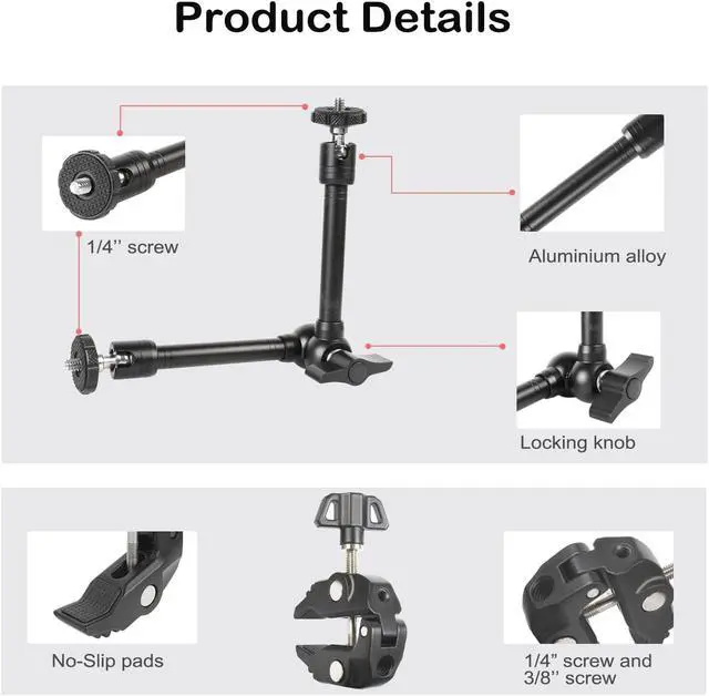 Alt view image 7 of 7 - Magic Arm Clamp Kit, Camera Mount Articulating Friction Arm w 2 Pcs Super Clamp, w 1/4"-20 Screw and Thread Hole, for Camera, Light, Monitor, Webcam or Action Camera 2kg, for Table, Tube