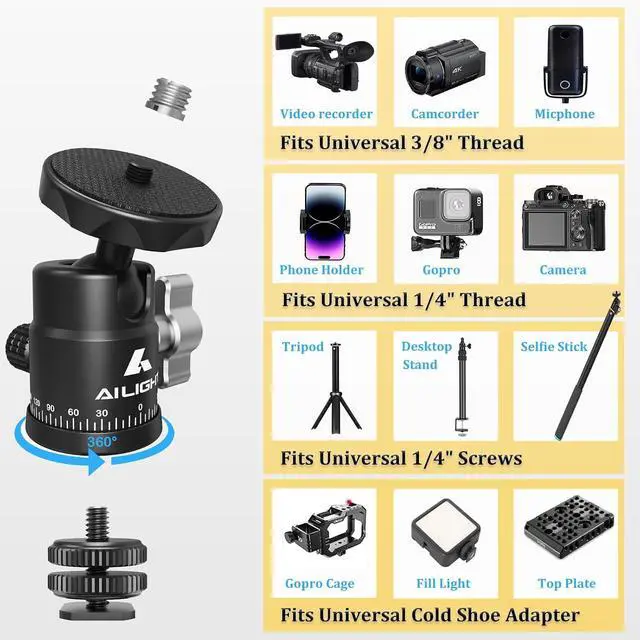 Alt view image 3 of 7 - Mini Ball Head, 360° Panoramic Tripod Head, Universal 1/4" to 3/8" Screw Adapter Swivel Mini Ball Head Screw Tripod Mount, Dual Cold Shoe Mount for DSLR Cameras Camcorder4 Pack
