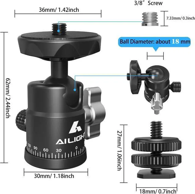 Alt view image 6 of 7 - Mini Ball Head, 360° Panoramic Tripod Head, Universal 1/4" to 3/8" Screw Adapter Swivel Mini Ball Head Screw Tripod Mount, Dual Cold Shoe Mount for DSLR Cameras Camcorder4 Pack