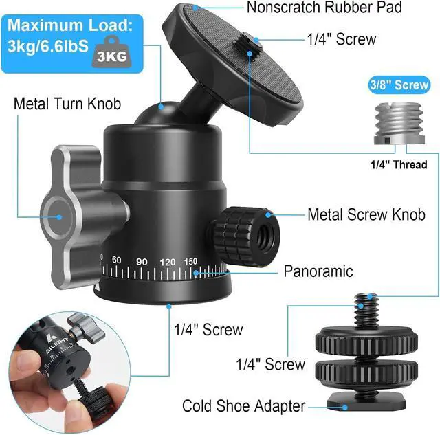 Alt view image 5 of 7 - Mini Ball Head, 360° Panoramic Tripod Head, Universal 1/4" to 3/8" Screw Adapter Swivel Mini Ball Head Screw Tripod Mount, Dual Cold Shoe Mount for DSLR Cameras Camcorder4 Pack
