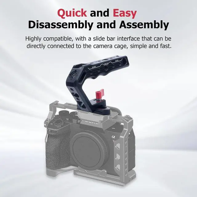 Alt view image 2 of 7 - Top Handle with Slider & NATO Rail for Camera Cage - Lightweight Aluminum Grip with 1/4", 3/8" Threads, Cold Shoe Mount, and Arri Locating Pin for DSLR Cameras (62024)