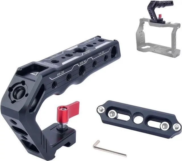 Main image of Top Handle with Slider & NATO Rail for Camera Cage - Lightweight Aluminum Grip with 1/4", 3/8" Threads, Cold Shoe Mount, and Arri Locating Pin for DSLR Cameras (62024)