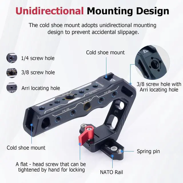 Alt view image 6 of 7 - Top Handle with Slider & NATO Rail for Camera Cage - Lightweight Aluminum Grip with 1/4", 3/8" Threads, Cold Shoe Mount, and Arri Locating Pin for DSLR Cameras (62024)