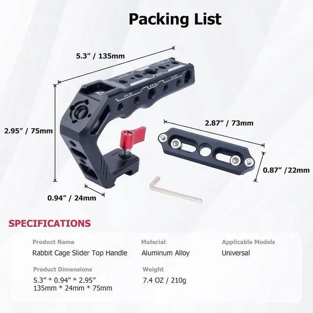 Alt view image 7 of 7 - Top Handle with Slider & NATO Rail for Camera Cage - Lightweight Aluminum Grip with 1/4", 3/8" Threads, Cold Shoe Mount, and Arri Locating Pin for DSLR Cameras (62024)