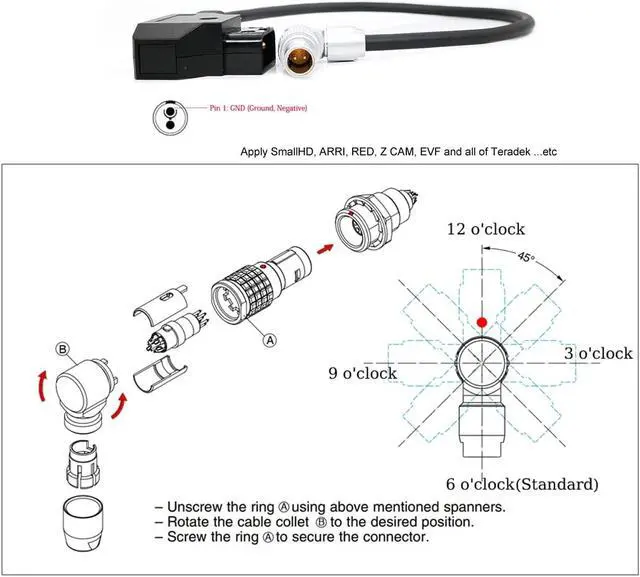 Alt view image 3 of 7 - Teradek SmallHD ARRI RED Flexible Power Cable D-tap to Rotatable 0B 2-Pin Male Right Angle, Gold Mount V-Mount Dtap to Teradek Bolt, Z CAM
