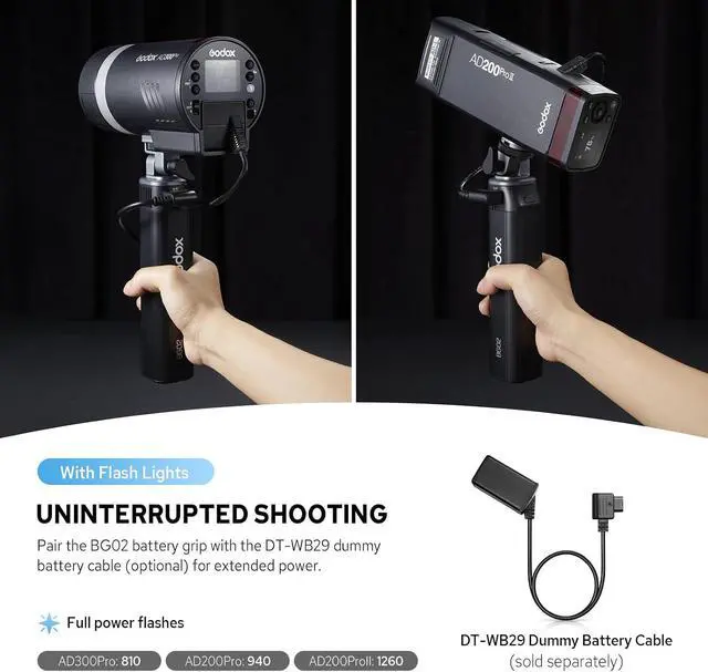 Alt view image 4 of 7 - BG02 Battery Grip, 14.4V 6600mAh Battery Handle, with D-Tap USB-C Cable and Adapter, Flash Handgrip AD200 AD200Pro AD200ProII AD300Pro AD300ProII, for ML60IIBI ML100BI ML100R LED Light